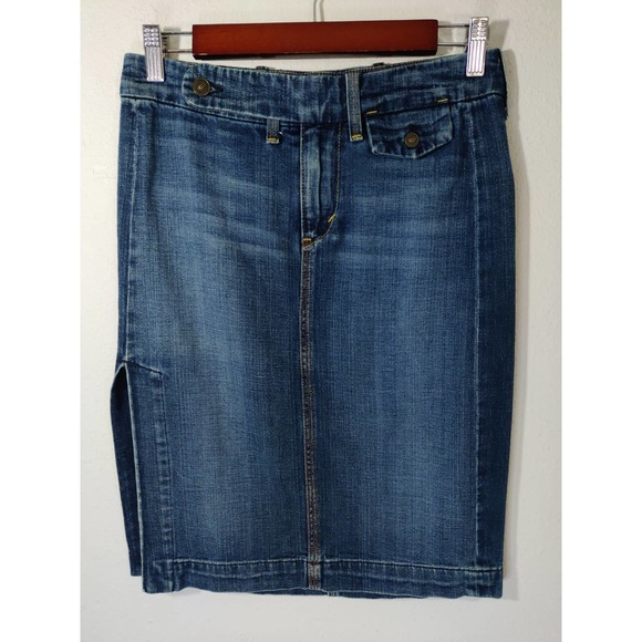 7 For All Mankind Blue Medium Wash Side Slit Denim Knee Length Pencil Skirt 25